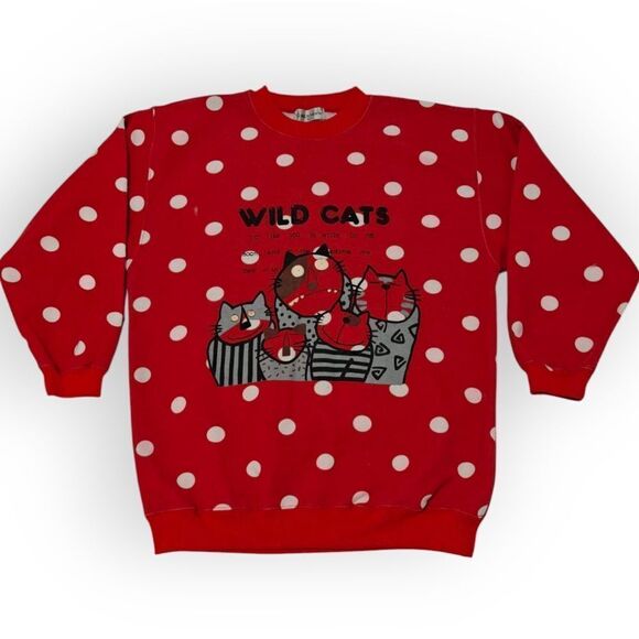 Sharon Minky Wild Cats Print Red Polka Dot Sweatshirt size L Vintage - Picture 2 of 6